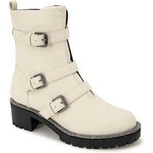 Kenneth Cole Reaction Womens Tate Motorcycle Boots Jewel Lug Sole Ivory Size 11M